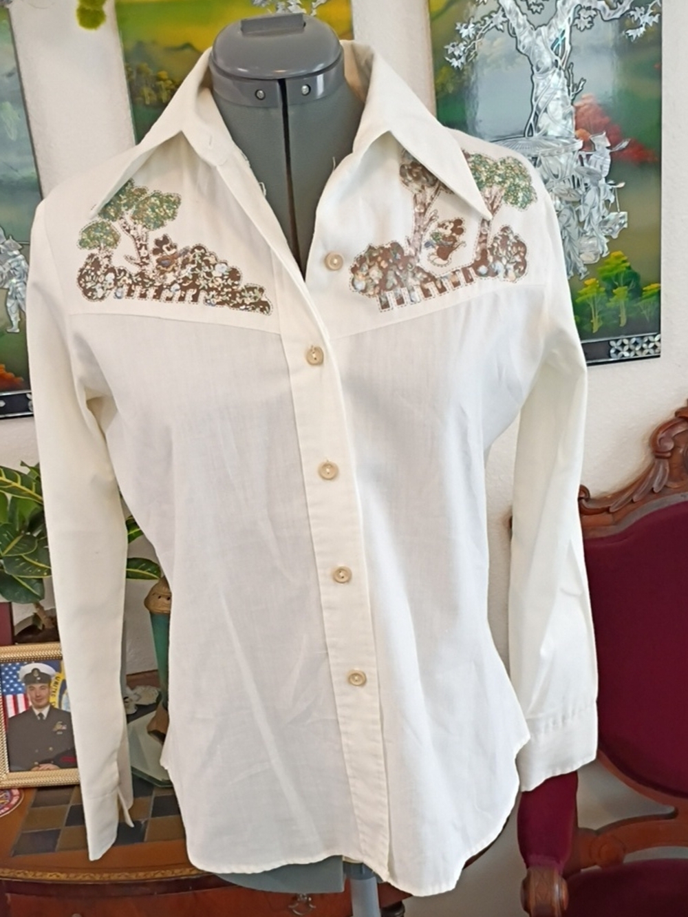 Kennington Vintage 1970s Mickey And Minnie White Button-down Shirt Size Small
